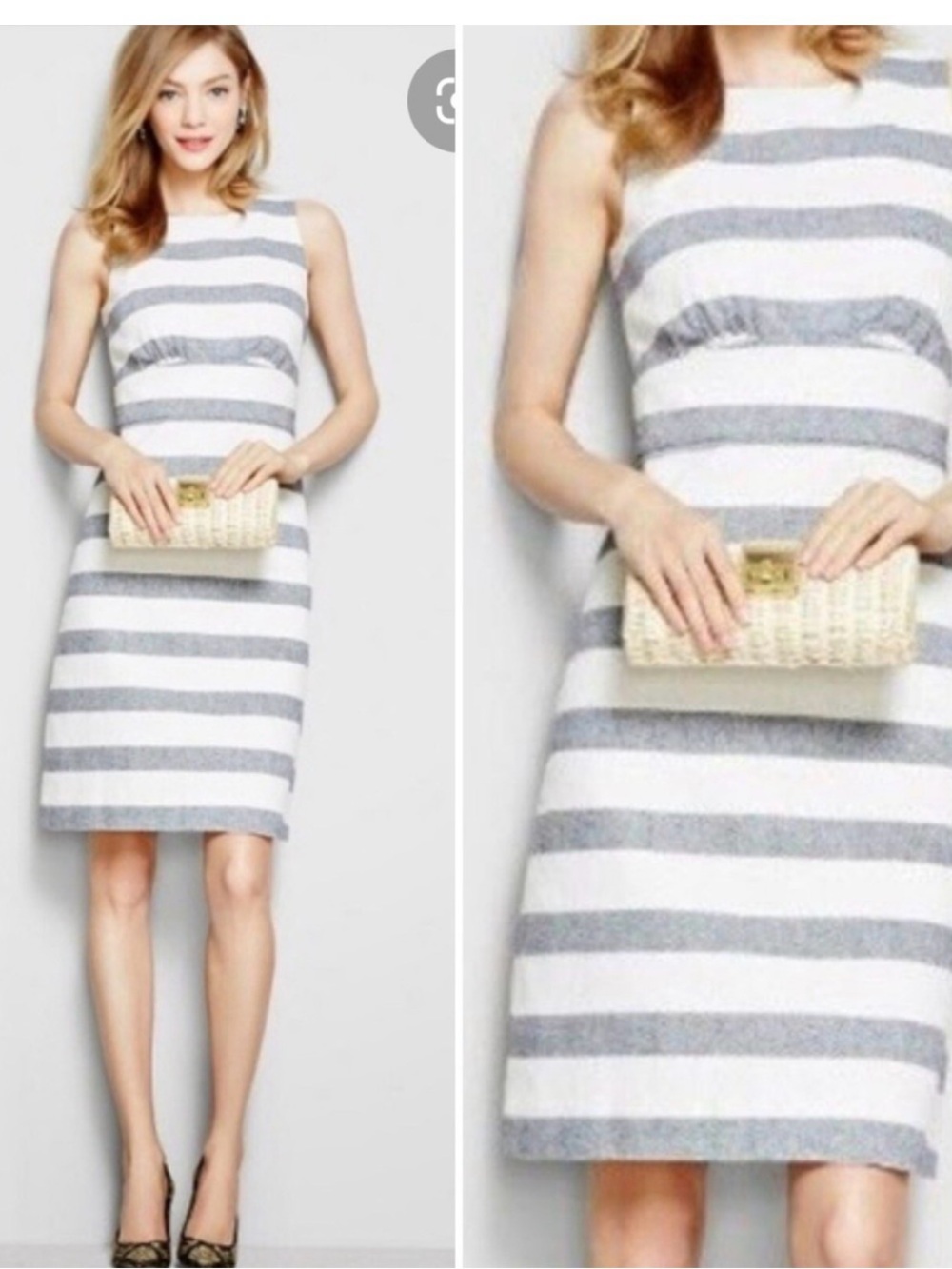 J. Crew White and Gray Striped Sleeveless Midi Dress linen